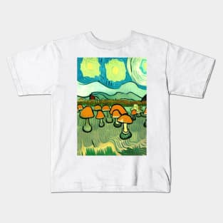 YELLOW,ORANGE  AND BLUE VAN GOGH STYLE MUSHROOMS Kids T-Shirt